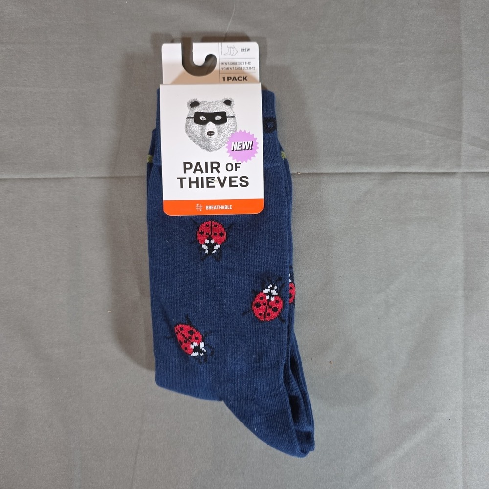 Pair of Thieves Men's Crew Socks - Navy / Lady Bug print men 6-12 Women 8-12